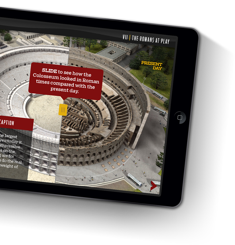 Picture of the Colosseum on an iPad with controls to compare what it looked like in the past vs present
