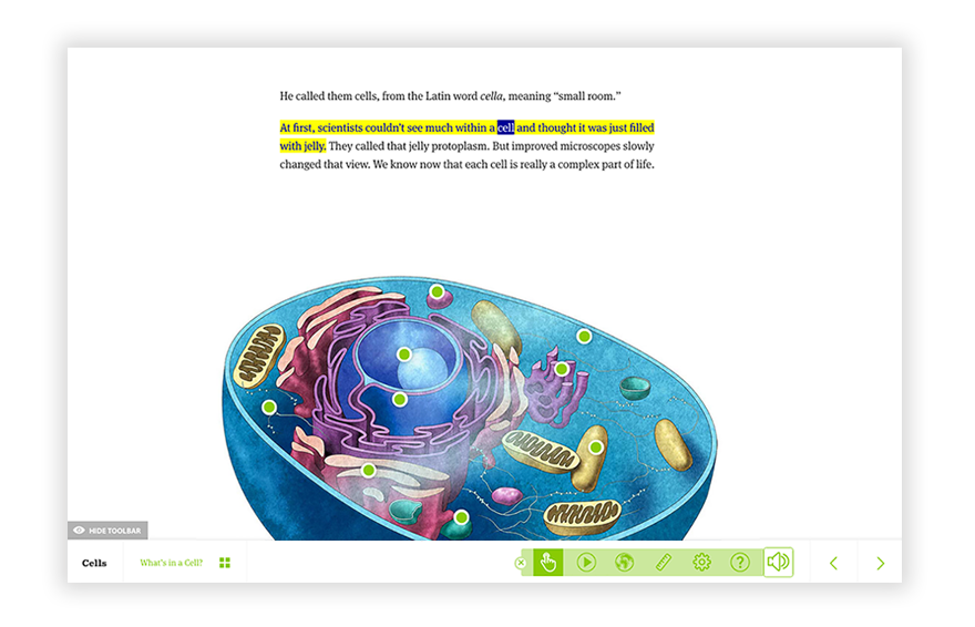 Image of the read aloud feature in action on the topic What's in a cell, on Kids Discover Online.
