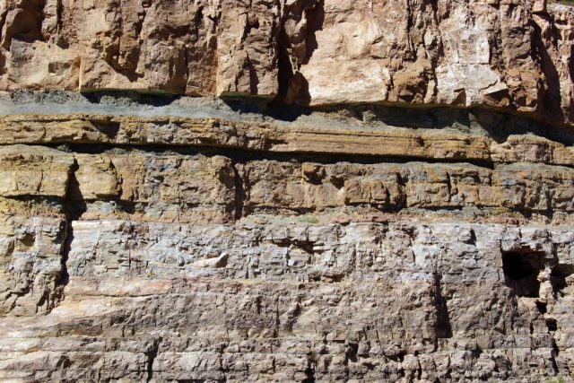 geological layers of sedimentary rock, exposed along the highway, Salt River Canyon, Arizona