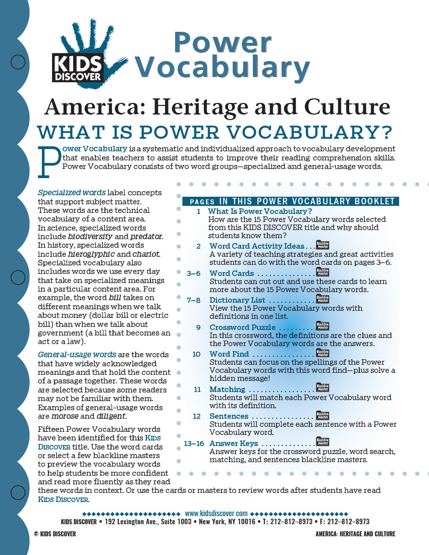 This free Vocabulary Packet for Kids Discover America: Heritage and Culture is a systematic and individualized approach to vocabulary development and enables teachers to assist students in improving their reading comprehension skills.