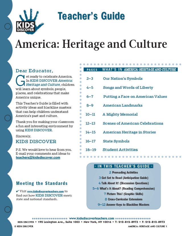 This 12-page Teacher Guide on KD2 America: Heritage and Culture is filled with activity ideas and blackline masters that can help children understand America’s past and culture.