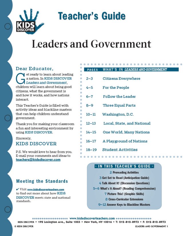 This 12-page Teacher Guide on KD2 Leaders and Government is filled with activity ideas and blackline masters that can help children understand what the government is, how it works, and how nations interact.