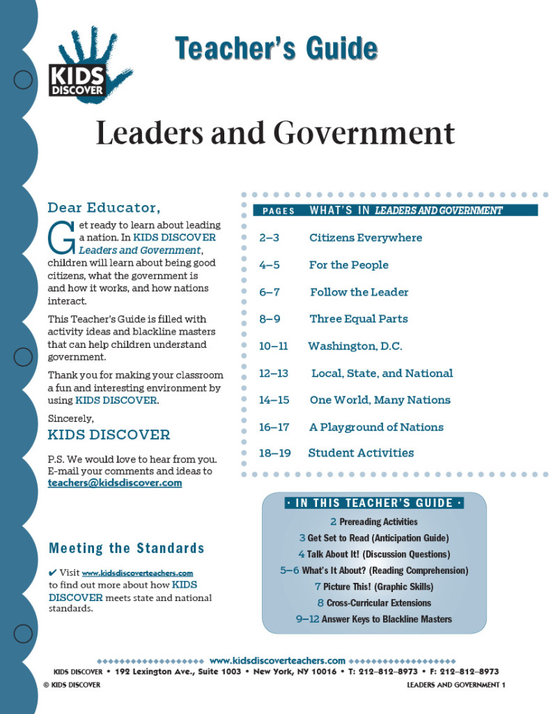 This 12-page Teacher Guide on KD2 Leaders and Government is filled with activity ideas and blackline masters that can help children understand what the government is, how it works, and how nations interact.