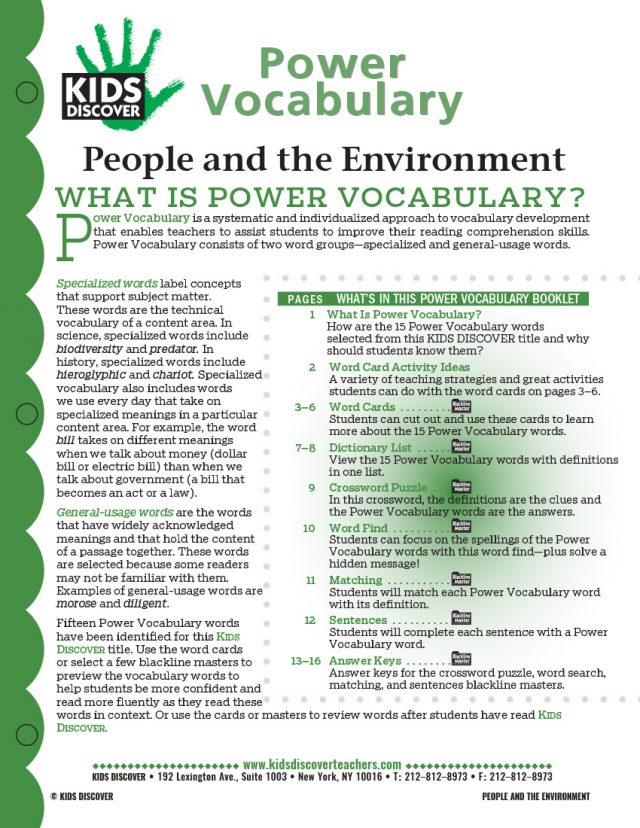 This free Vocabulary Packet for Kids Discover KD2: People and the Environment is a systematic and individualized approach to vocabulary development and enables teachers to assist students in improving their reading comprehension skills.