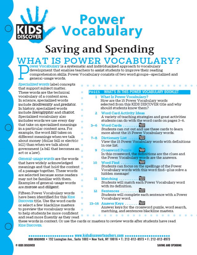 This free Vocabulary Packet for Kids Discover KD2: Saving and Spending is a systematic and individualized approach to vocabulary development and enables teachers to assist students in improving their reading comprehension skills.