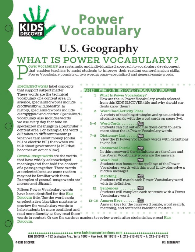 This free Vocabulary Packet for Kids Discover U.S. Geography is a systematic and individualized approach to vocabulary development and enables teachers to assist students in improving their reading comprehension skills.