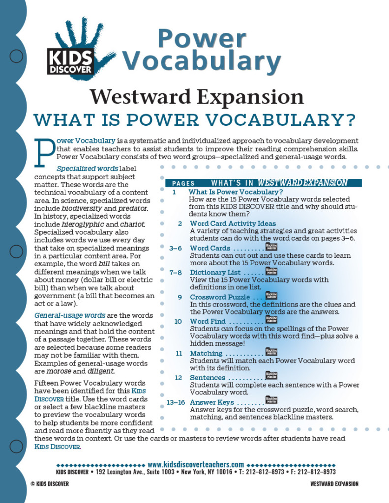 This free Vocabulary Packet for Kids Discover Westward Expansion is a systematic and individualized approach to vocabulary development and enables teachers to assist students in improving their reading comprehension skills.