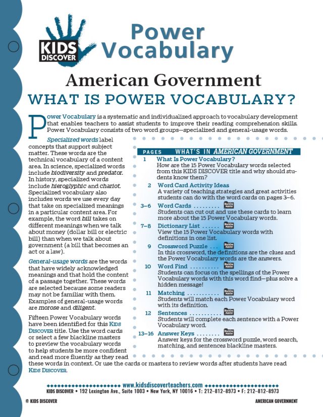 This free Vocabulary Packet for Kids Discover American Government is a systematic and individualized approach to vocabulary development and enables teachers to assist students in improving their reading comprehension skills.