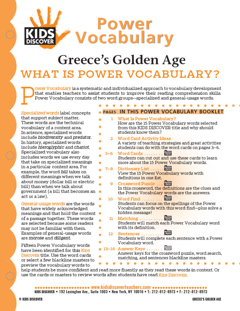 This free Vocabulary Packet for Kids Discover Greece’s Golden Age is a systematic and individualized approach to vocabulary development and enables teachers to assist students in improving their reading comprehension skills.