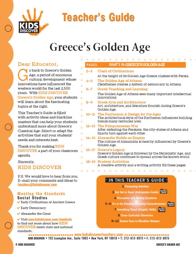 This 12-page Teacher Guide on Greece’s Golden Age is filled with activity ideas and blackline masters that can help your students understand more about Greece’s Classical Age. Select or adapt the activities that suit your students’ needs and interests best