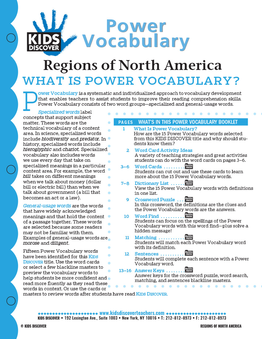 This free Vocabulary Packet for Kids Discover Regions of North America is a systematic and individualized approach to vocabulary development and enables teachers to assist students in improving their reading comprehension skills.