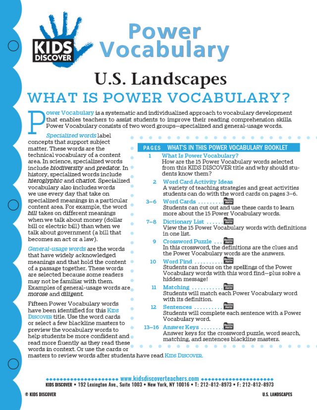 This free Vocabulary Packet for Kids Discover U.S. Landscapes is a systematic and individualized approach to vocabulary development and enables teachers to assist students in improving their reading comprehension skills.