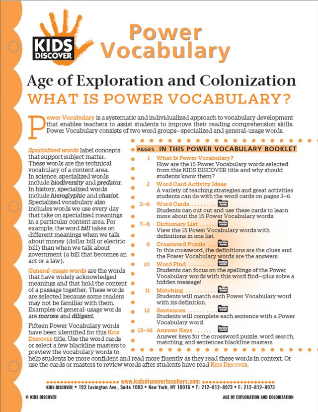 This free Vocabulary Packet for Kids Discover Age of Exploration and Colonization is a systematic and individualized approach to vocabulary development and enables teachers to assist students in improving their reading comprehension skills.