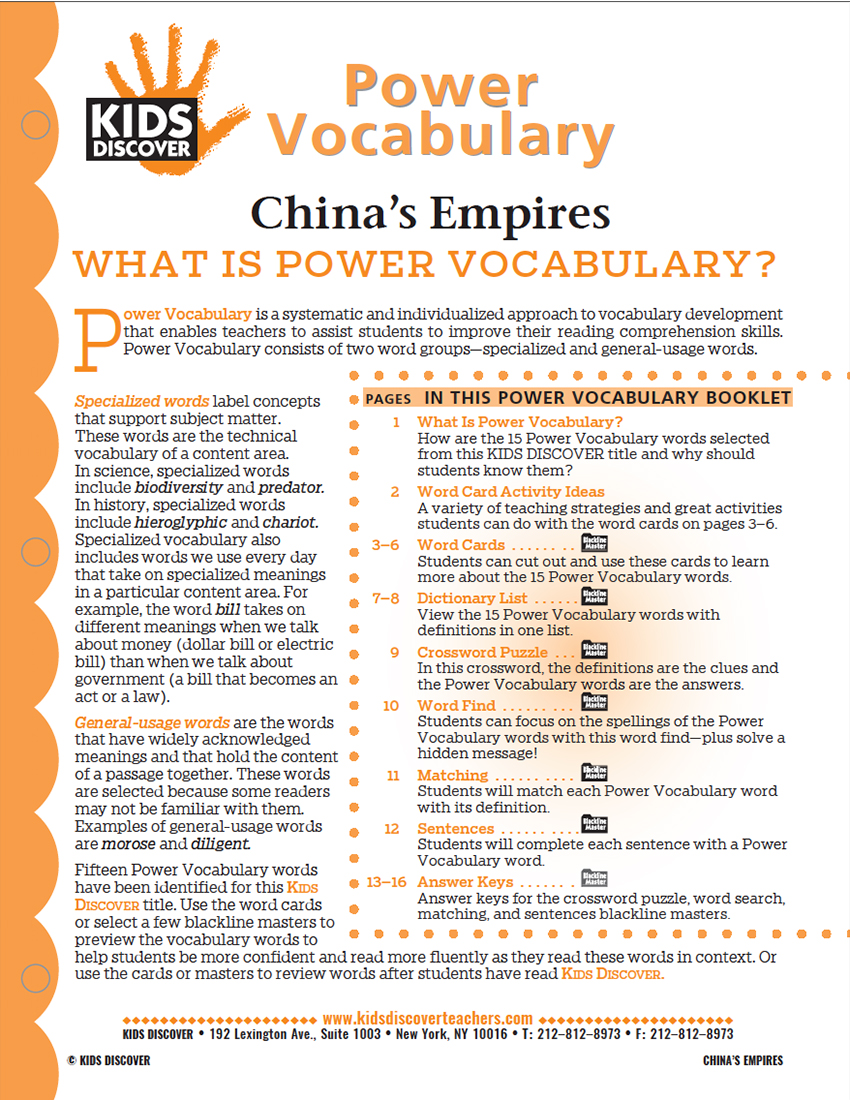 This free Vocabulary Packet for Kids Discover China’s Empires is a systematic and individualized approach to vocabulary development and enables teachers to assist students in improving their reading comprehension skills.