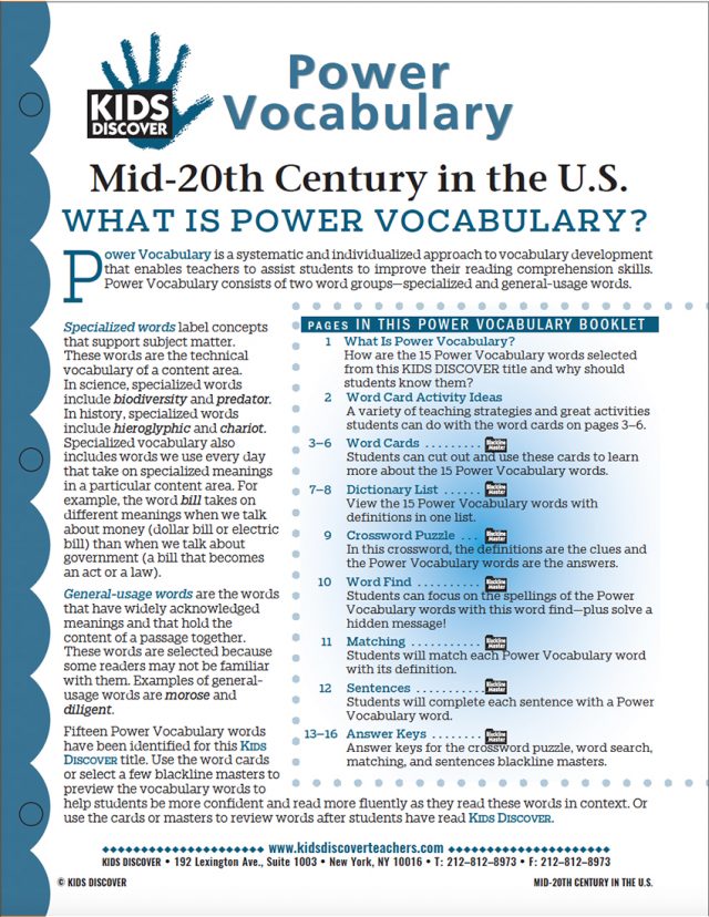 This free Vocabulary Packet for Kids Discover Mid-20th Century in the US is a systematic and individualized approach to vocabulary development and enables teachers to assist students in improving their reading comprehension skills.