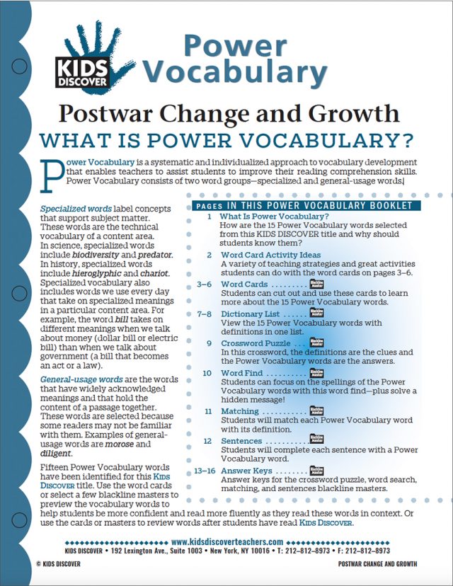 This free Vocabulary Packet for Kids Discover Postwar Change and Growth is a systematic and individualized approach to vocabulary development and enables teachers to assist students in improving their reading comprehension skills.