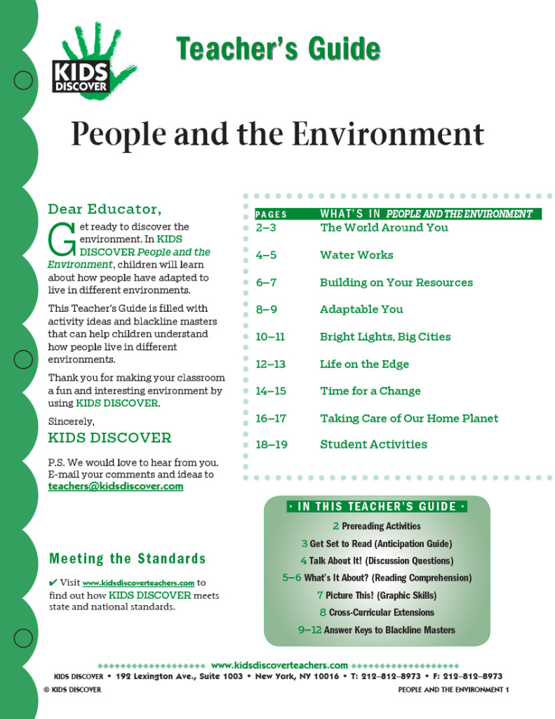 This 12-page Teacher Guide on KD2 People and the Environment is filled with activity ideas and blackline masters that can help children understand how people live in different environments.