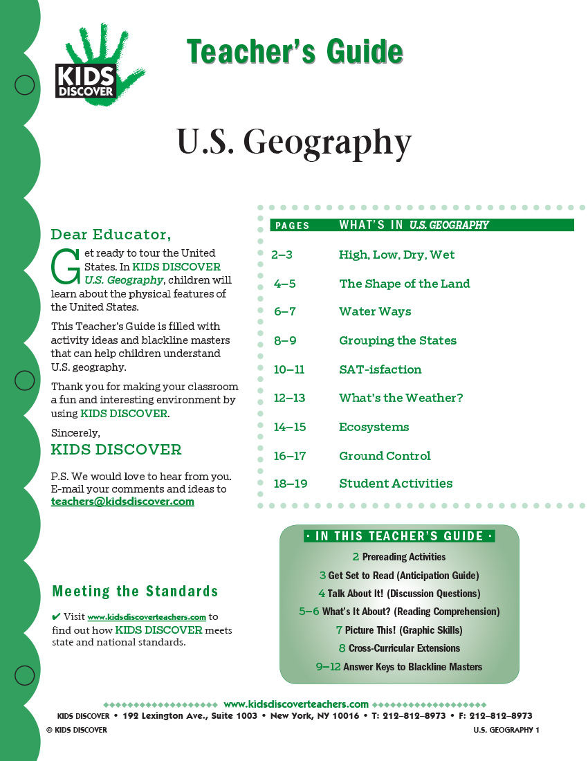 This 12-page Teacher Guide on KD2 U.S. Geography is filled with activity ideas and blackline masters that can help children understand U.S. geography.