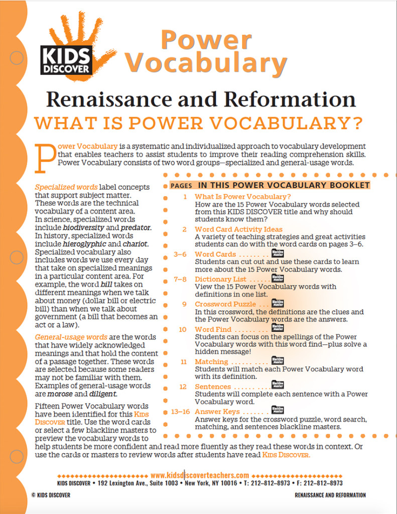 This free Vocabulary Packet for Kids Discover Renaissance and Reformation is a systematic and individualized approach to vocabulary development and enables teachers to assist students in improving their reading comprehension skills.