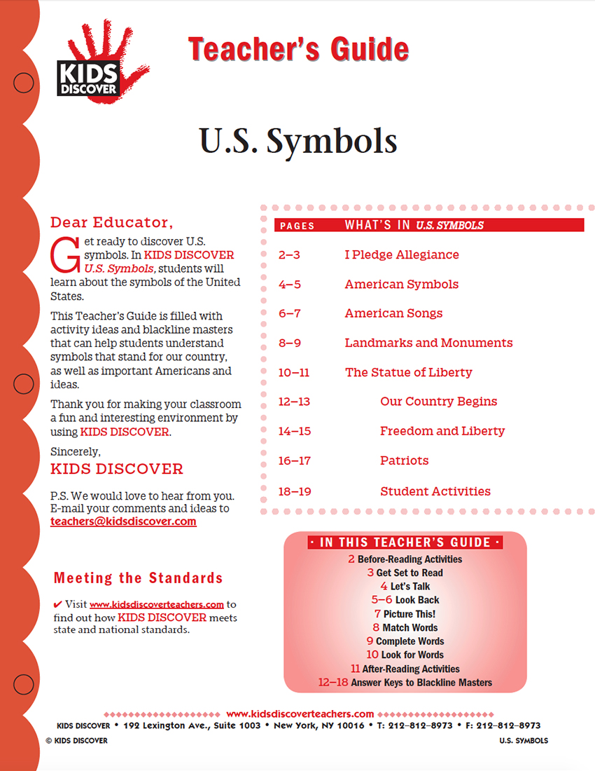 This Teacher’s Guide on KD1 U.S. Symbols is filled with activity ideas and blackline masters that can help students understand symbols that stand for our country, as well as important Americans and ideas.