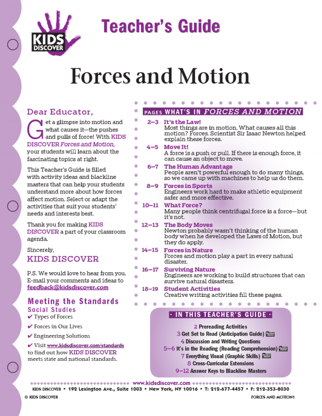 Teacher's Guide for Kids Discover Force and Motion