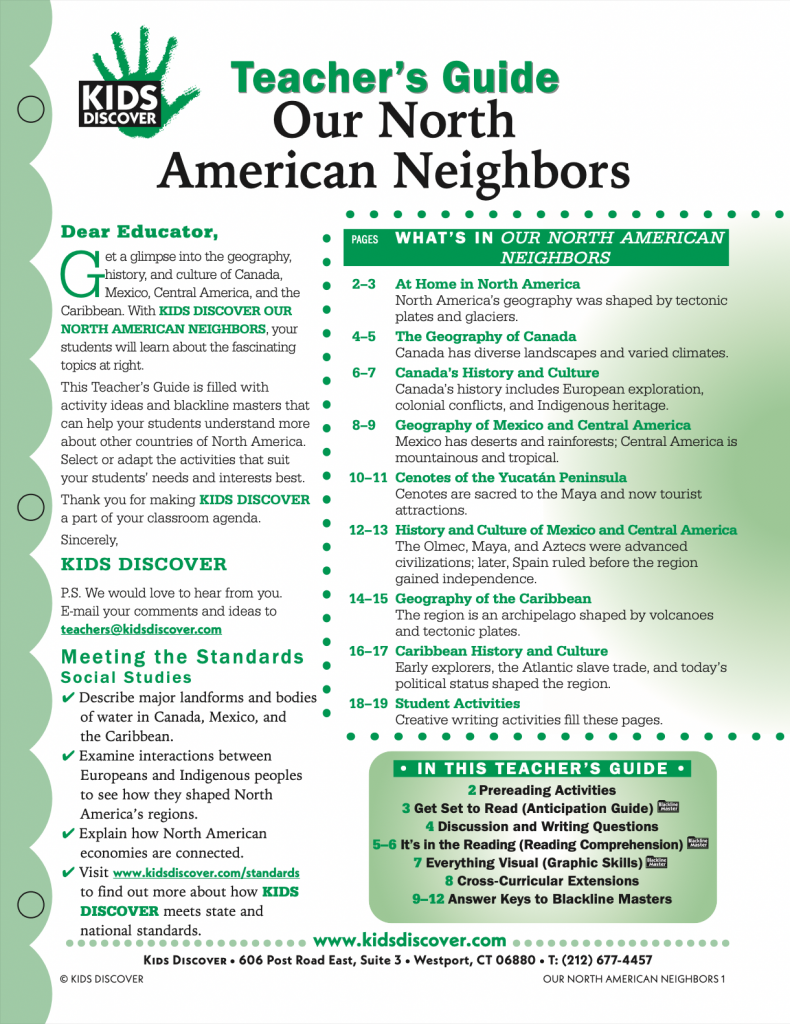 Explore the geography, history, and culture of Canada, Mexico, Central America, and the Caribbean with Kids Discover Our North American Neighbors. This guide offers activities and resources to help students learn about the countries of North America and engage with their unique features and traditions.